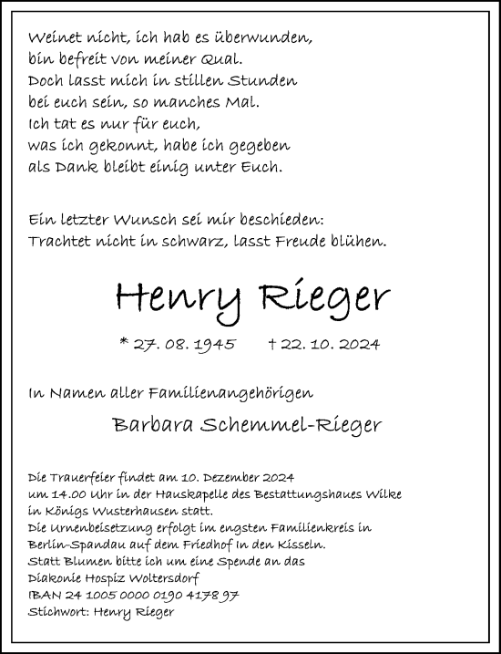 Traueranzeige von Henry Rieger von Märkischen Allgemeine Zeitung