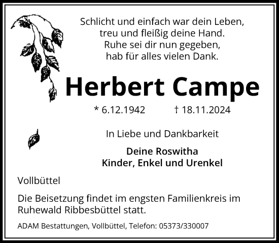 Traueranzeige von Herbert Campe von Aller Zeitung