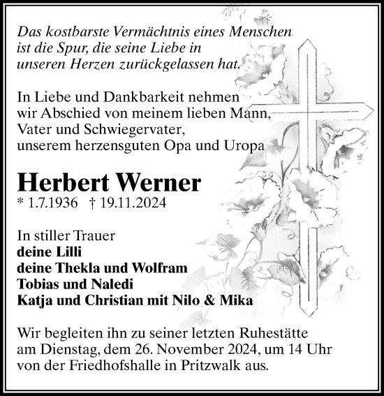 Traueranzeige von Herbert Werner von Wochenspiegel