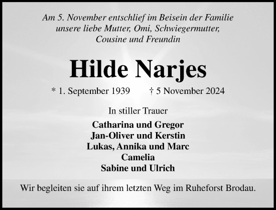 Traueranzeige von Hilde Narjes von Lübecker Nachrichten