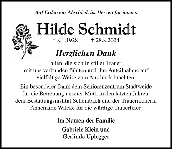 Traueranzeige von Hilde Schmidt von Ostsee-Zeitung GmbH