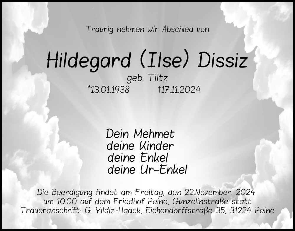  Traueranzeige für Hildegard Dissiz vom 21.11.2024 aus Peiner Allgemeine Zeitung