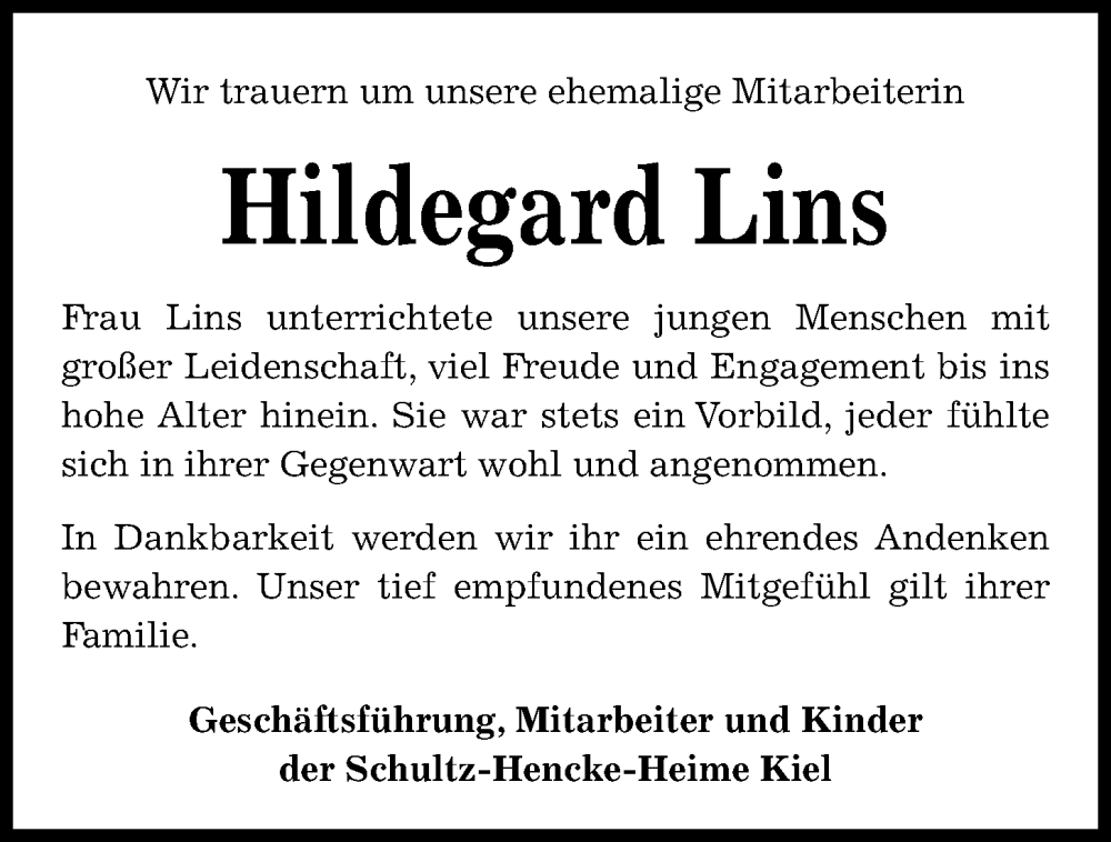  Traueranzeige für Hildegard Lins vom 16.11.2024 aus Kieler Nachrichten