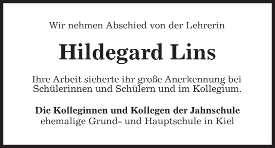 Traueranzeige von Hildegard Lins von Kieler Nachrichten