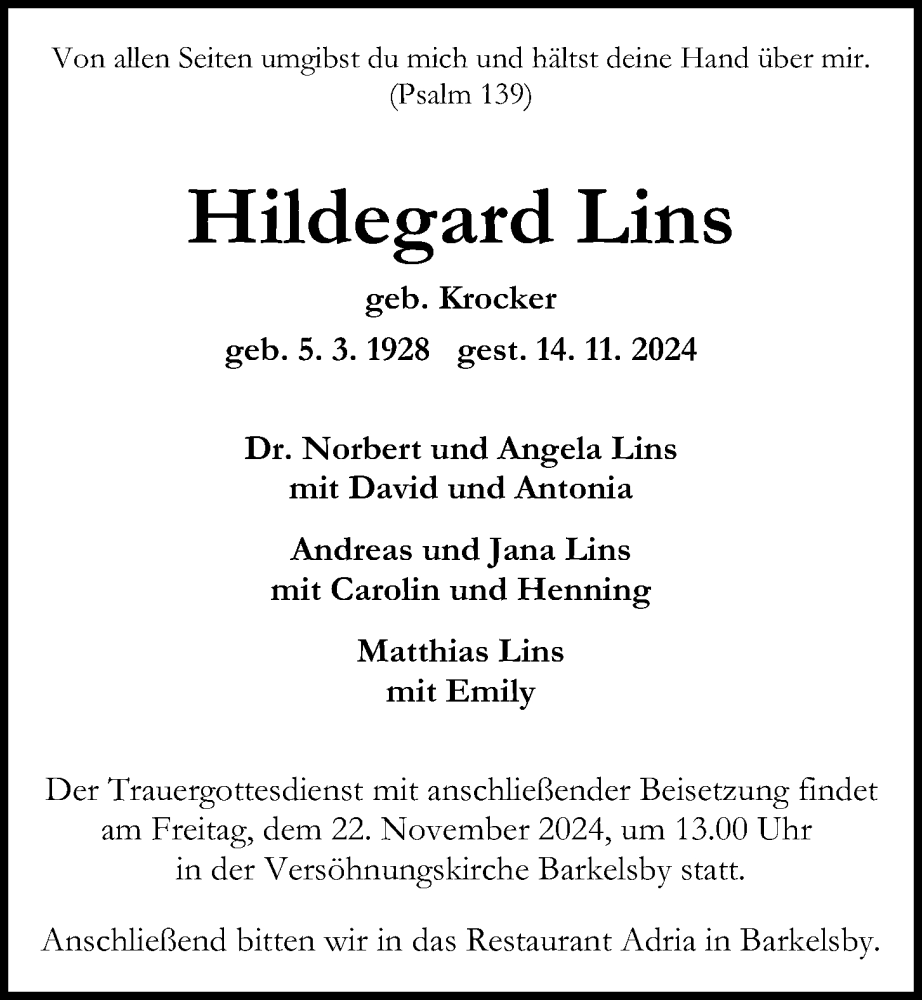  Traueranzeige für Hildegard Lins vom 16.11.2024 aus Kieler Nachrichten