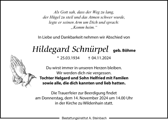 Traueranzeige von Hildegard Schnürpel von Torgauer Zeitung