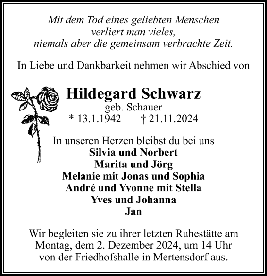 Traueranzeige von Hildegard Schwarz von Wochenspiegel