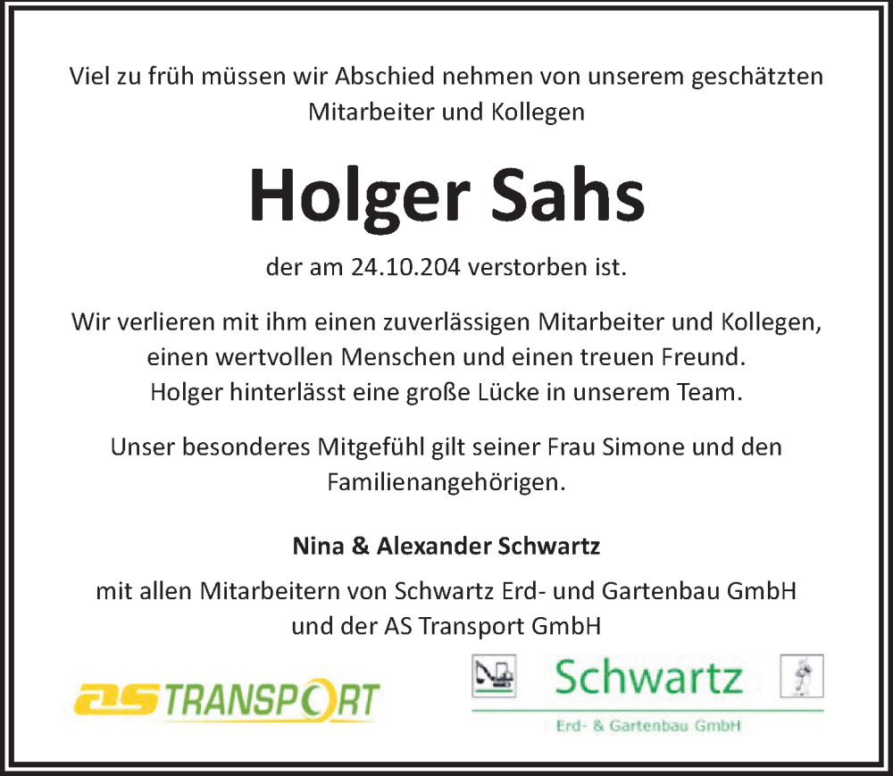  Traueranzeige für Holger Sahs vom 03.11.2024 aus Lübecker Nachrichten