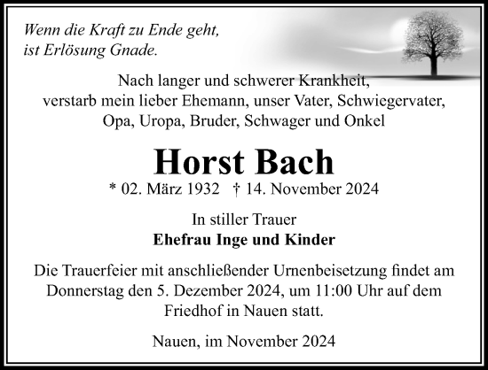 Traueranzeige von Horst Bach von Märkischen Allgemeine Zeitung