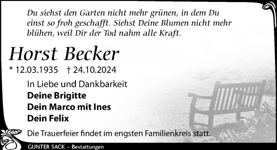 Traueranzeige von Horst Becker von Leipziger Volkszeitung