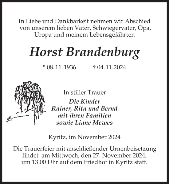 Traueranzeige von Horst Brandenburg von Wochenspiegel