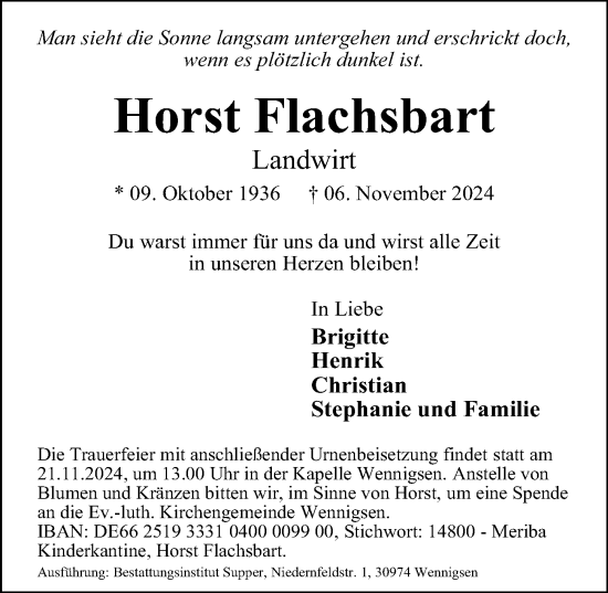 Traueranzeige von Horst Flachsbart von Hannoversche Allgemeine Zeitung/Neue Presse