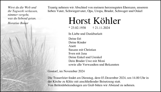 Traueranzeige von Horst Köhler von Ostsee-Zeitung GmbH