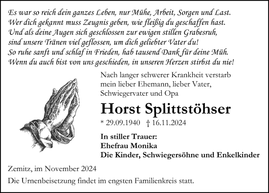 Traueranzeige von Horst Splittstöhser von Ostsee-Zeitung GmbH