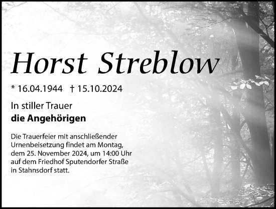 Traueranzeige von Horst Streblow von Märkischen Allgemeine Zeitung