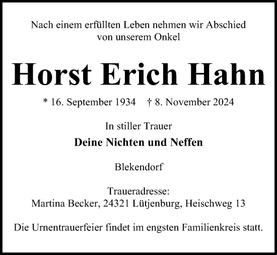 Traueranzeige von Horst Erich Hahn von Kieler Nachrichten