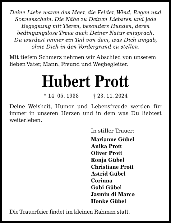 Traueranzeige von Hubert Prott von Kieler Nachrichten