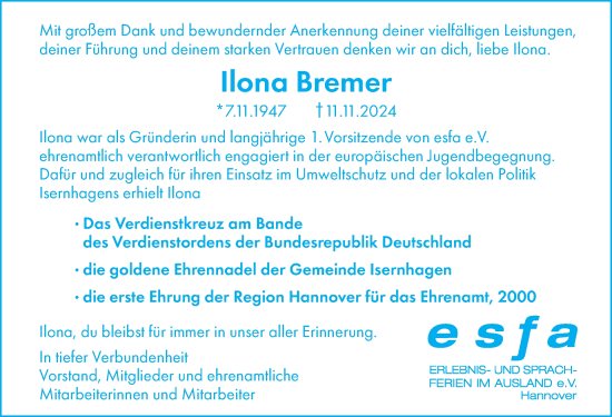 Traueranzeige von Ilona Bremer von Hannoversche Allgemeine Zeitung/Neue Presse