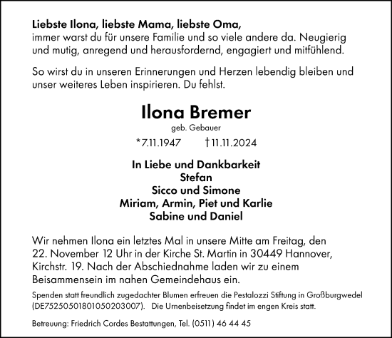 Traueranzeige von Ilona Bremer von Hannoversche Allgemeine Zeitung/Neue Presse