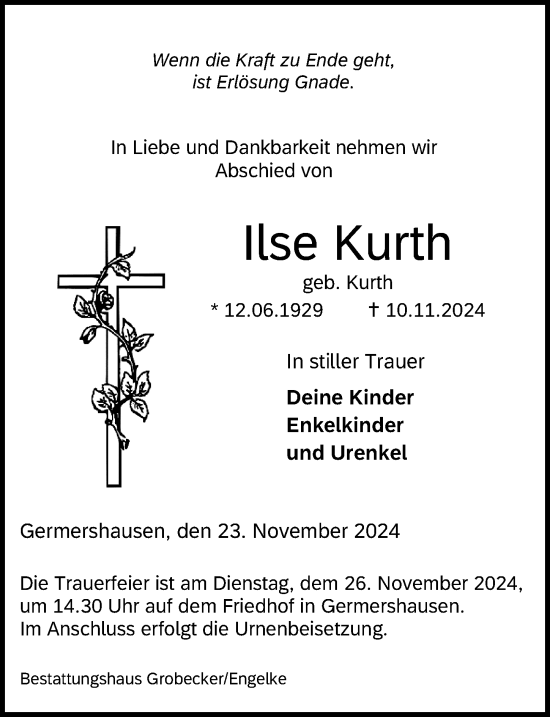 Traueranzeige von Ilse Kurth von Eichsfelder Tageblatt