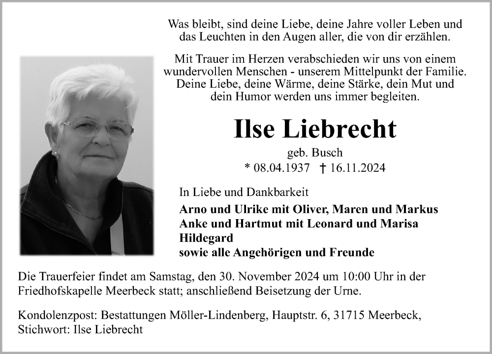  Traueranzeige für Ilse Liebrecht vom 23.11.2024 aus Schaumburger Nachrichten