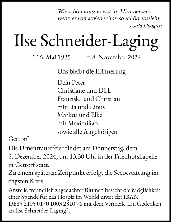 Traueranzeige von Ilse Schneider-Laging von Kieler Nachrichten