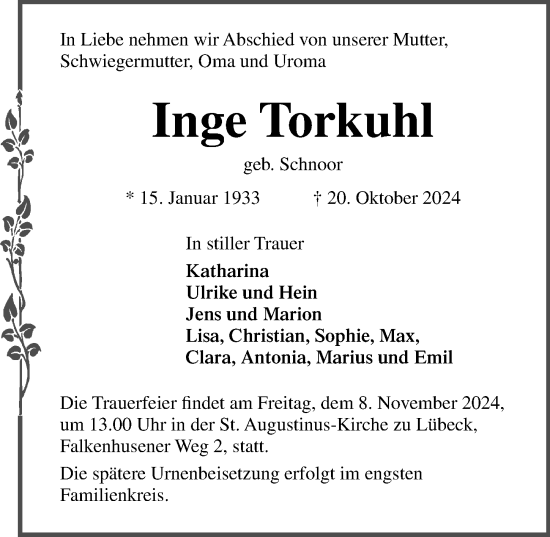 Traueranzeige von Inge Torkuhl von Lübecker Nachrichten