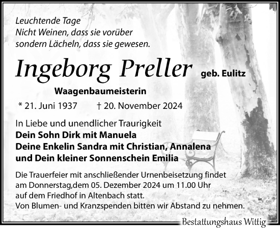 Traueranzeige von Ingeborg Preller von Leipziger Volkszeitung