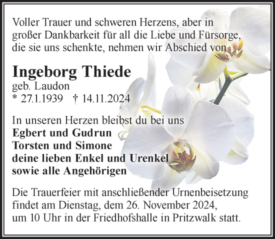 Traueranzeige von Ingeborg Thiede von Wochenspiegel