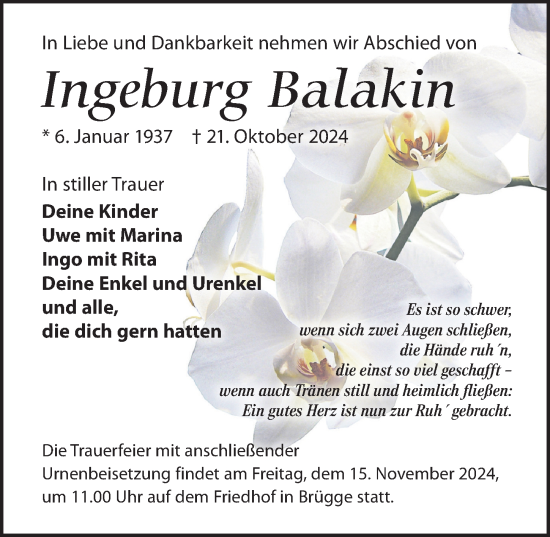 Traueranzeige von Ingeburg Balakin