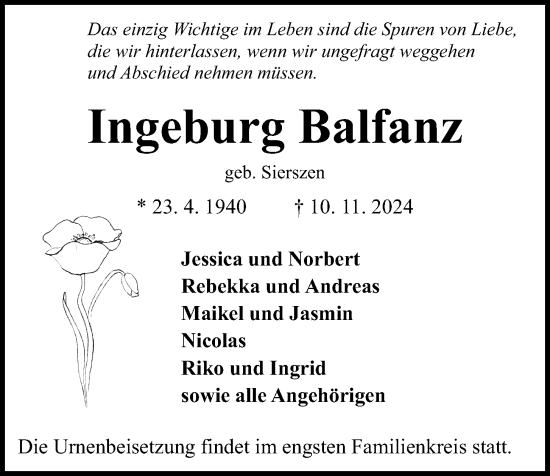 Traueranzeige von Ingeburg Balfanz von Kieler Nachrichten