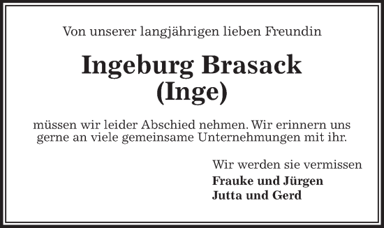 Traueranzeige von Ingeburg Brasack von Kieler Nachrichten