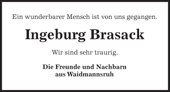 Traueranzeige von Ingeburg Brasack von Kieler Nachrichten