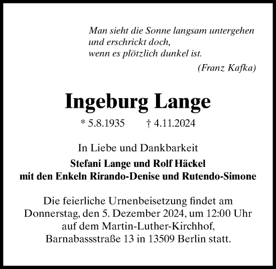 Traueranzeige von Ingeburg Lange von Märkischen Allgemeine Zeitung