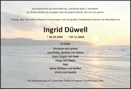 Traueranzeige von Ingrid Düwell von Ostsee-Zeitung GmbH