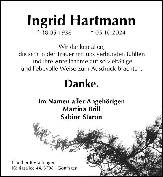 Traueranzeige von Ingrid Hartmann von Göttinger Tageblatt