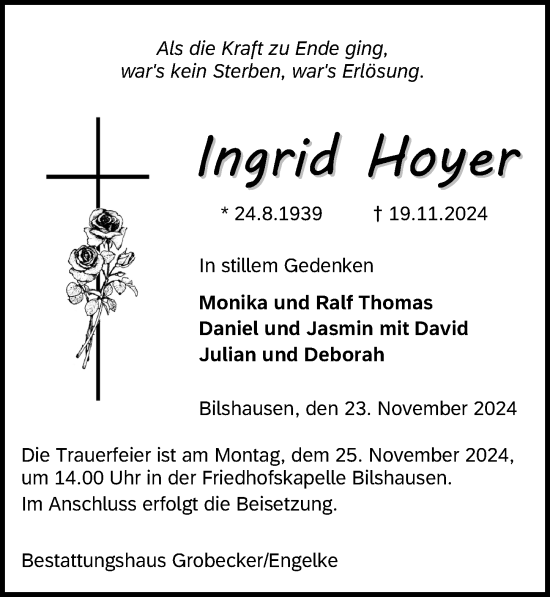 Traueranzeige von Ingrid Hoyer von Eichsfelder Tageblatt