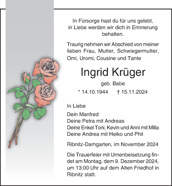 Traueranzeige von Ingrid Krüger von Ostsee-Zeitung GmbH