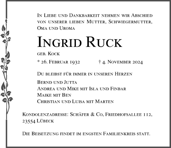 Traueranzeige von Ingrid Ruck von Lübecker Nachrichten