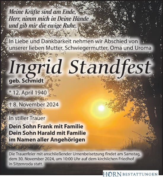 Traueranzeige von Ingrid Standfest von Torgauer Zeitung