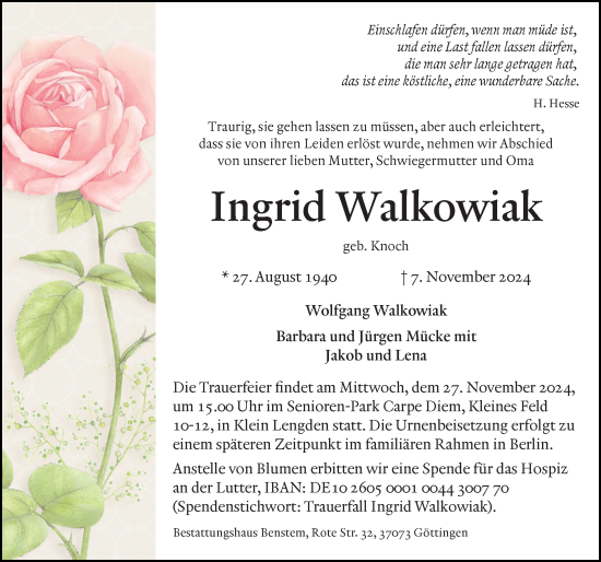 Traueranzeige von Ingrid Walkowiak von Göttinger Tageblatt