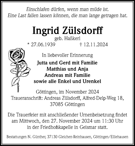 Traueranzeige von Ingrid Zülsdorff von Göttinger Tageblatt