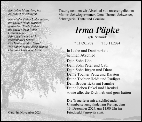 Traueranzeige von Irma Päpke von Ostsee-Zeitung GmbH