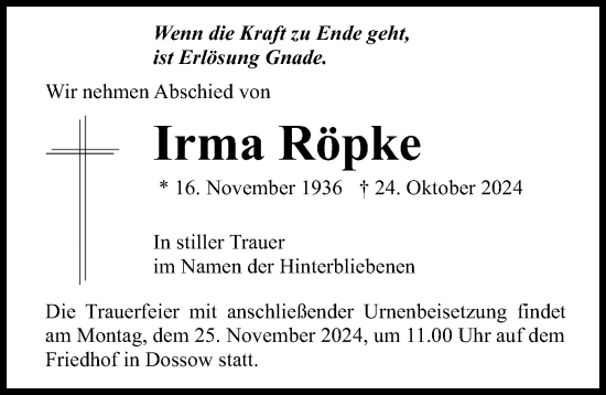 Traueranzeige von Irma Röpke von Wochenspiegel