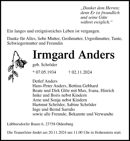 Traueranzeige von Irmgard Anders von Lübecker Nachrichten