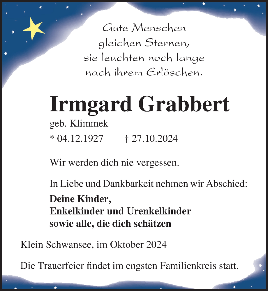  Traueranzeige für Irmgard Grabbert vom 01.11.2024 aus Ostsee-Zeitung GmbH