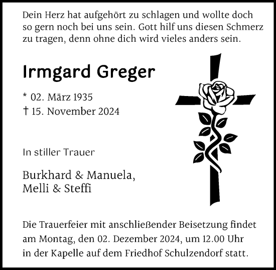 Traueranzeige von Irmgard Greger von Märkischen Allgemeine Zeitung