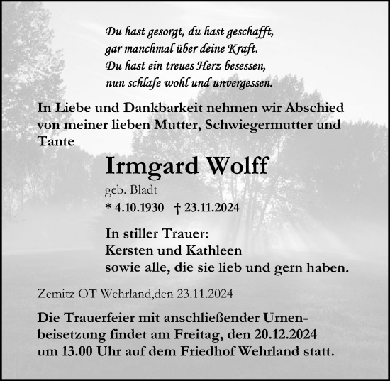 Traueranzeige von Irmgard Wolff von Ostsee-Zeitung GmbH