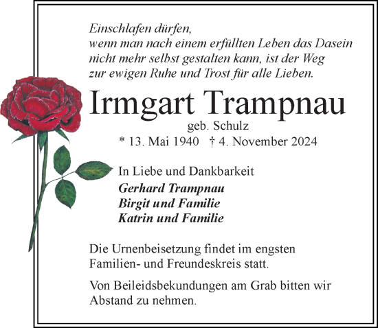 Traueranzeige von Irmgart Trampnau von Wochenspiegel