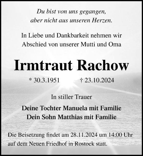 Traueranzeige von Irmtraut Rachow von Ostsee-Zeitung GmbH